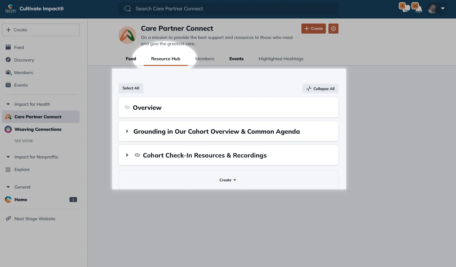 a screenshot of the resource hub on the cohort community webpage emphasizing a list of resources available: Overview, Grounding in our Cohort Overview and Common Agenda, and Cohort Check-in Resources and Recordings